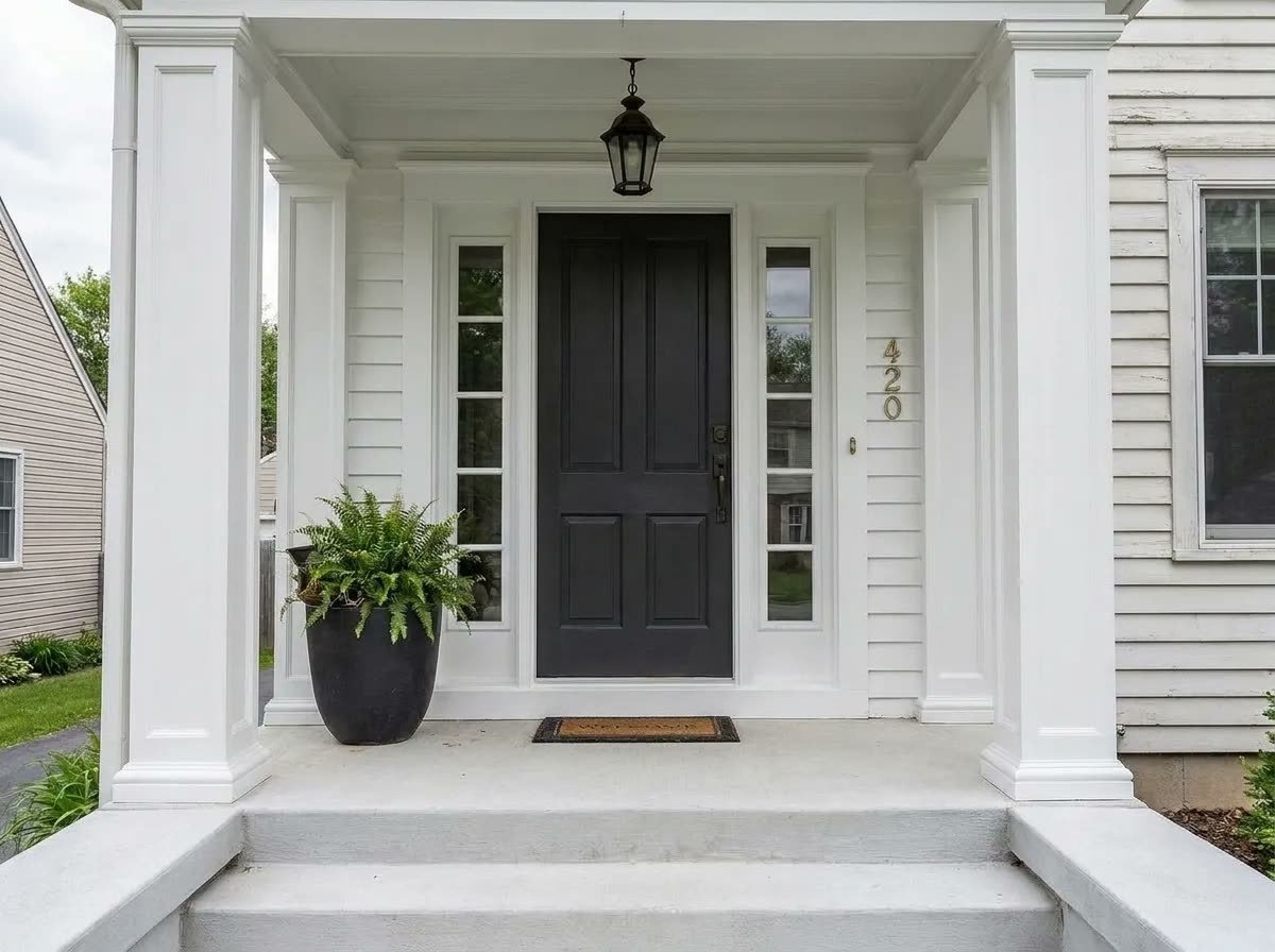 Front entry door, porch columns and trim after repainting