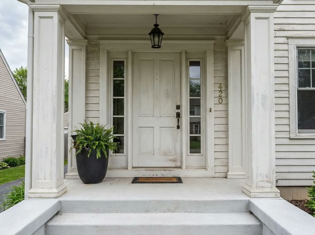 Front entry door, porch columns and trim before repainting