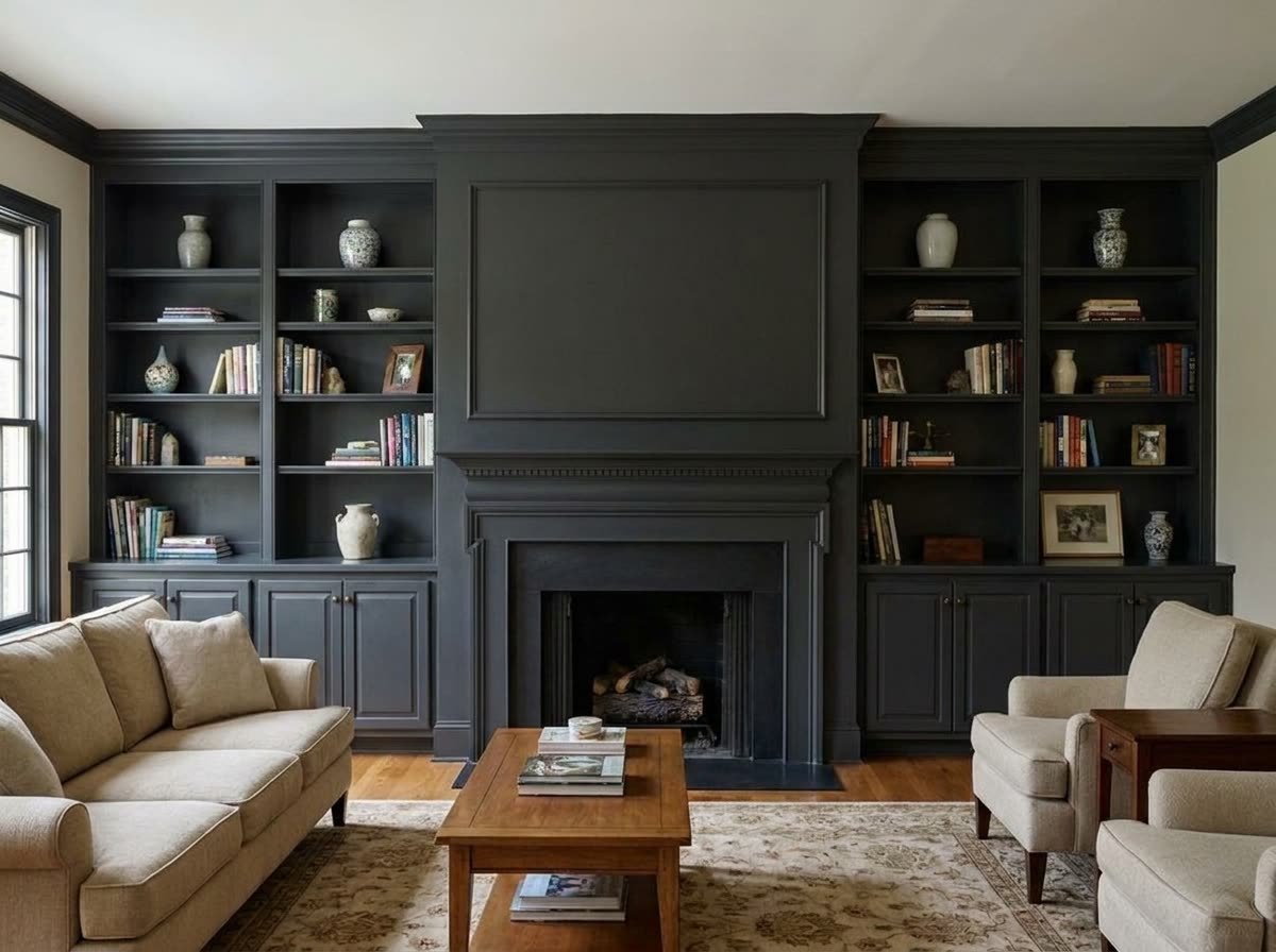 Living room built-ins and fireplace surround after repainting