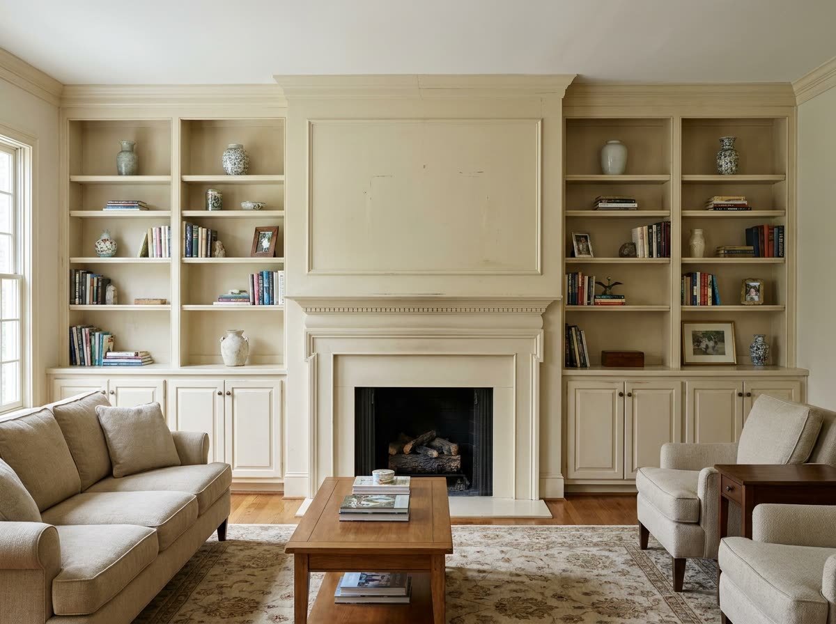Living room built-ins and fireplace surround before repainting