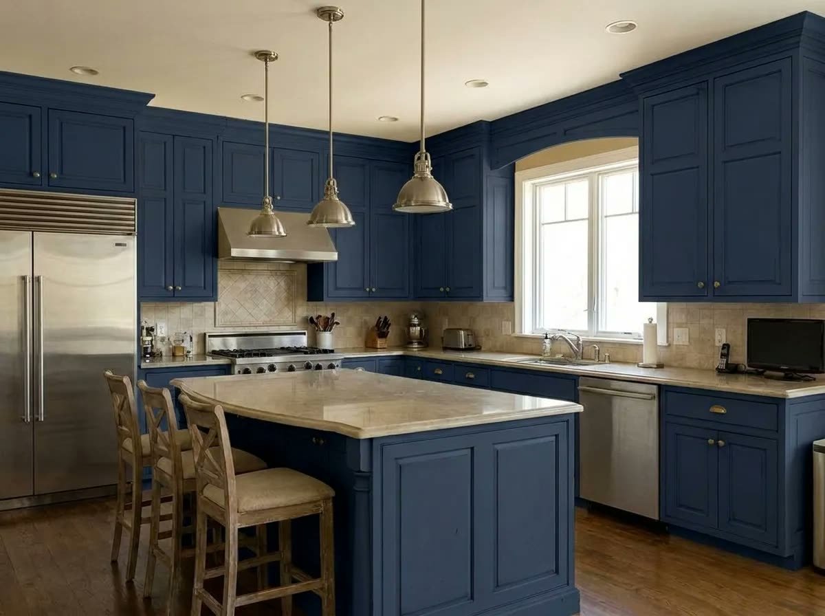 Kitchen cabinets and island after repainting
