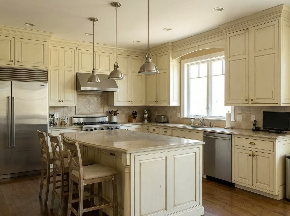Kitchen cabinets and island before repainting